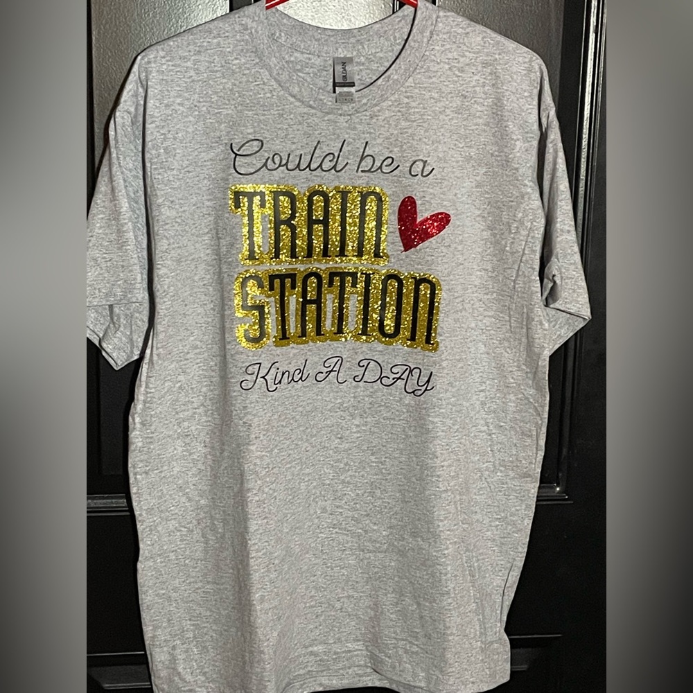 New Women’s XL t-shirt.  Grey with “Could be a Train Station kind a day”